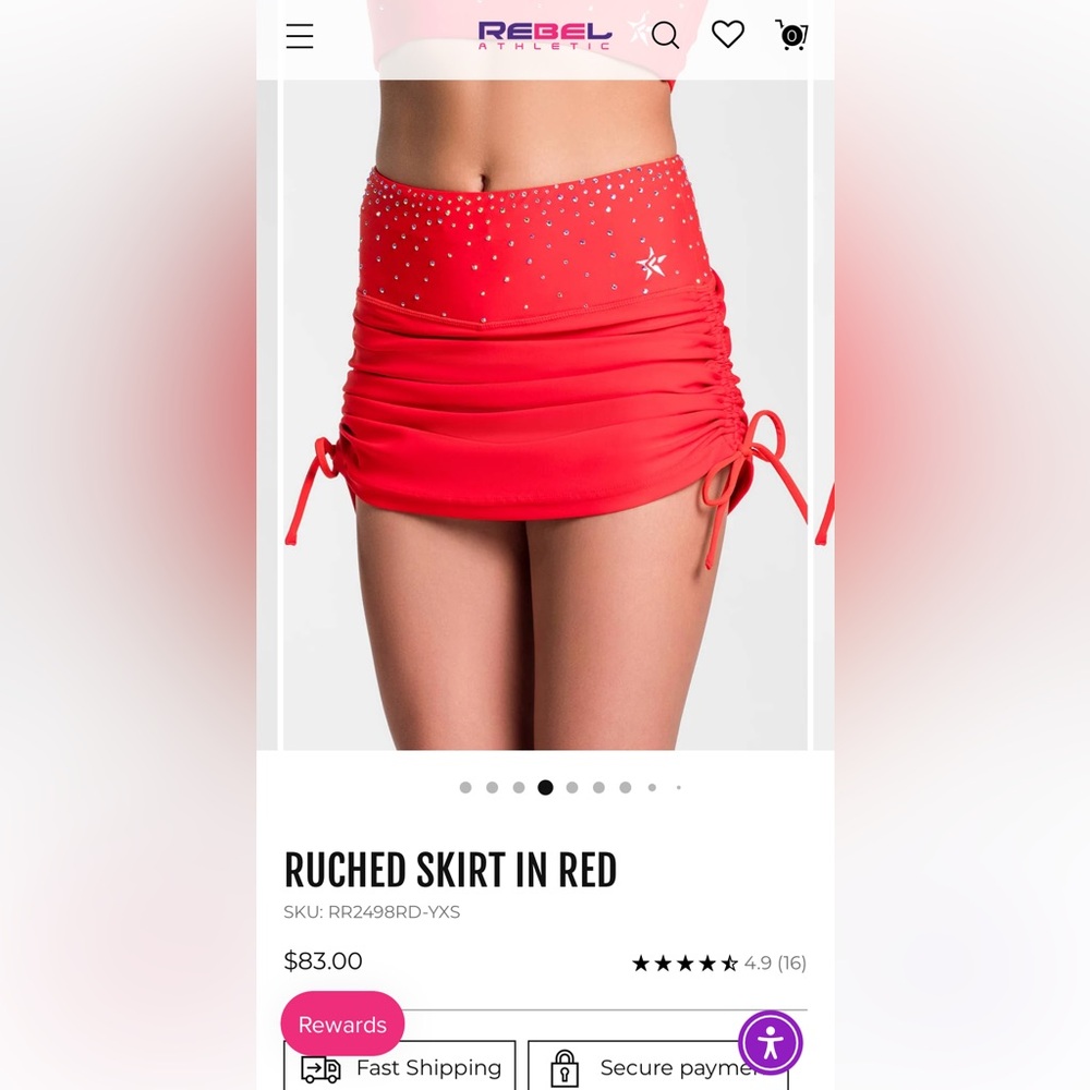 Rebel Athletic ruched rhinestone skirt, red, AS. Built in shorts.
